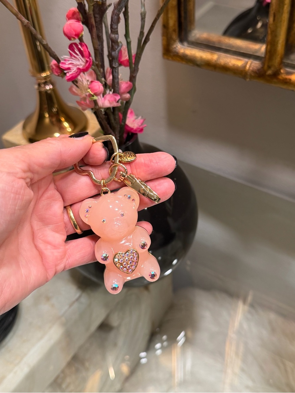 Betsey Johnson Pink Crystal Teddy Bear Keychain with Gold Hardware